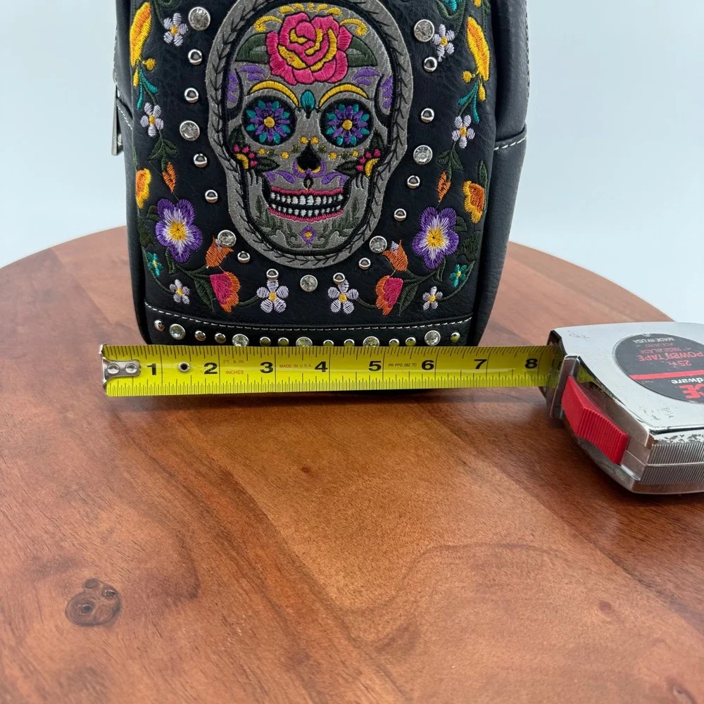 Black Faux Leather Sugar Skull Embroidered Studded Mini Backpack‎ Sling Bag NEW